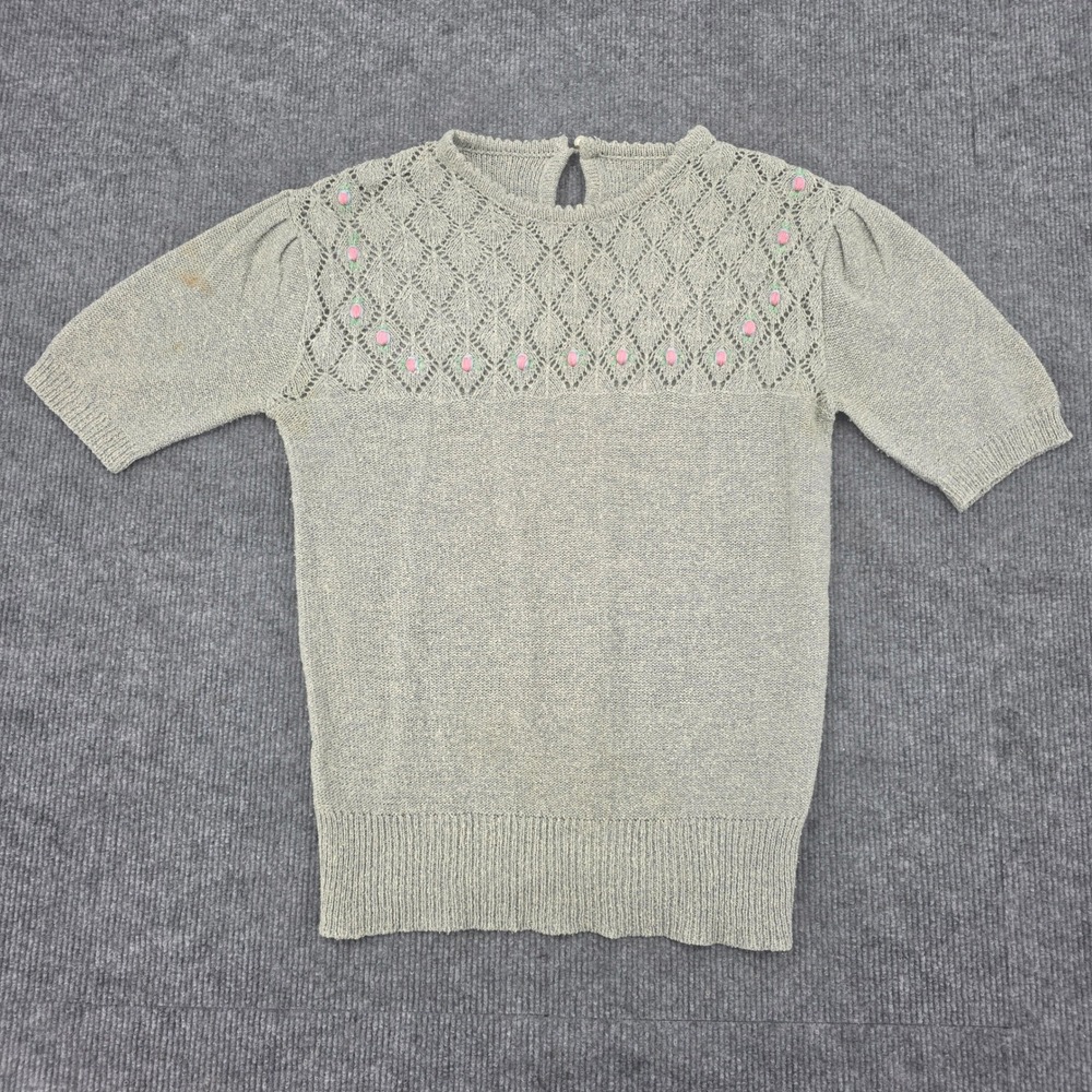 Vintage Gray Pointelle Knit Sweater Short Sleeve Embroidered Floral Retro